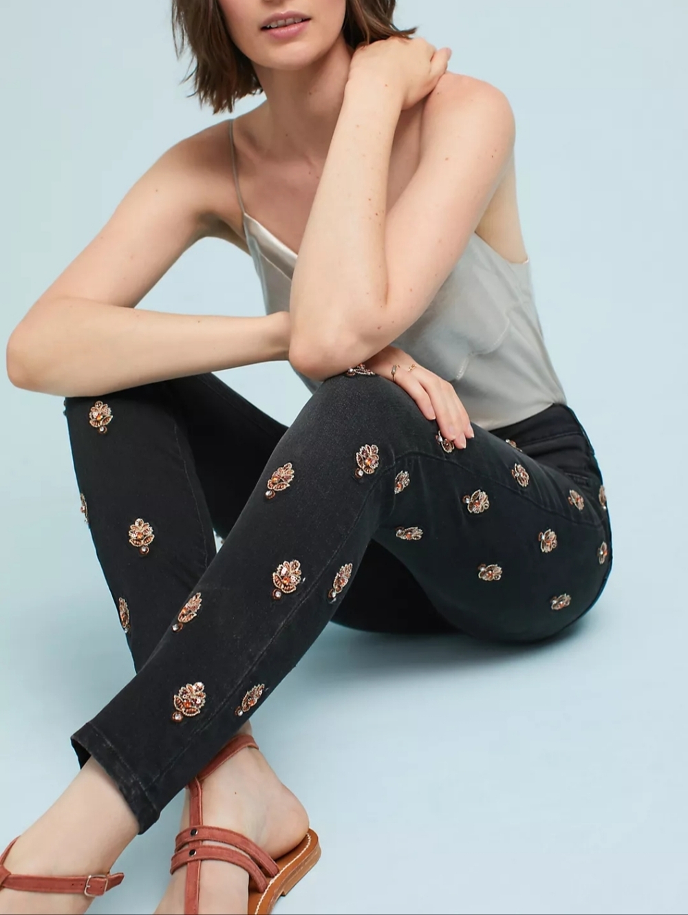 Anthropologie Pilcro Script High Rise Embellished Skinny Jeans Black 25